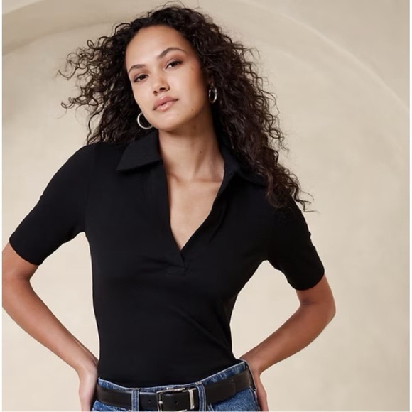 Banana Republic Ribbed Elbow Sleeve Black Polo NWT - Picture 1 of 3